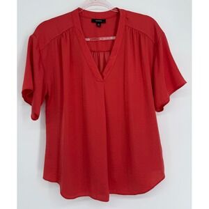 Alfani Womens Red V-Neck Short Sleeve Relaxed Fit Blouse Solid Career Top Sz M